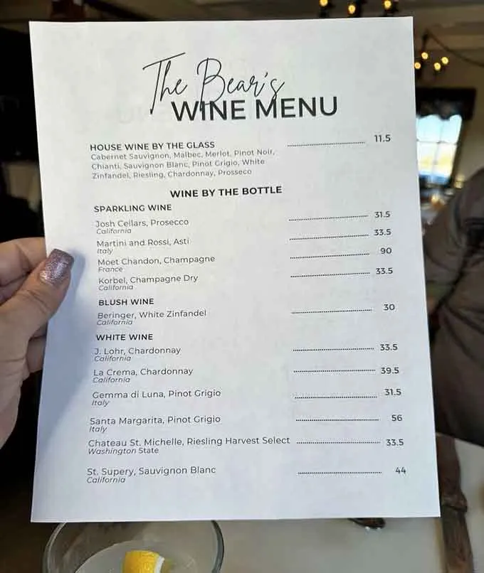 The Bear's printed wine menu